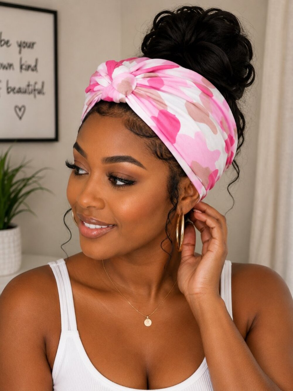 Pink Camo Head Wrap with Front Knot | Women's Hair Scarf